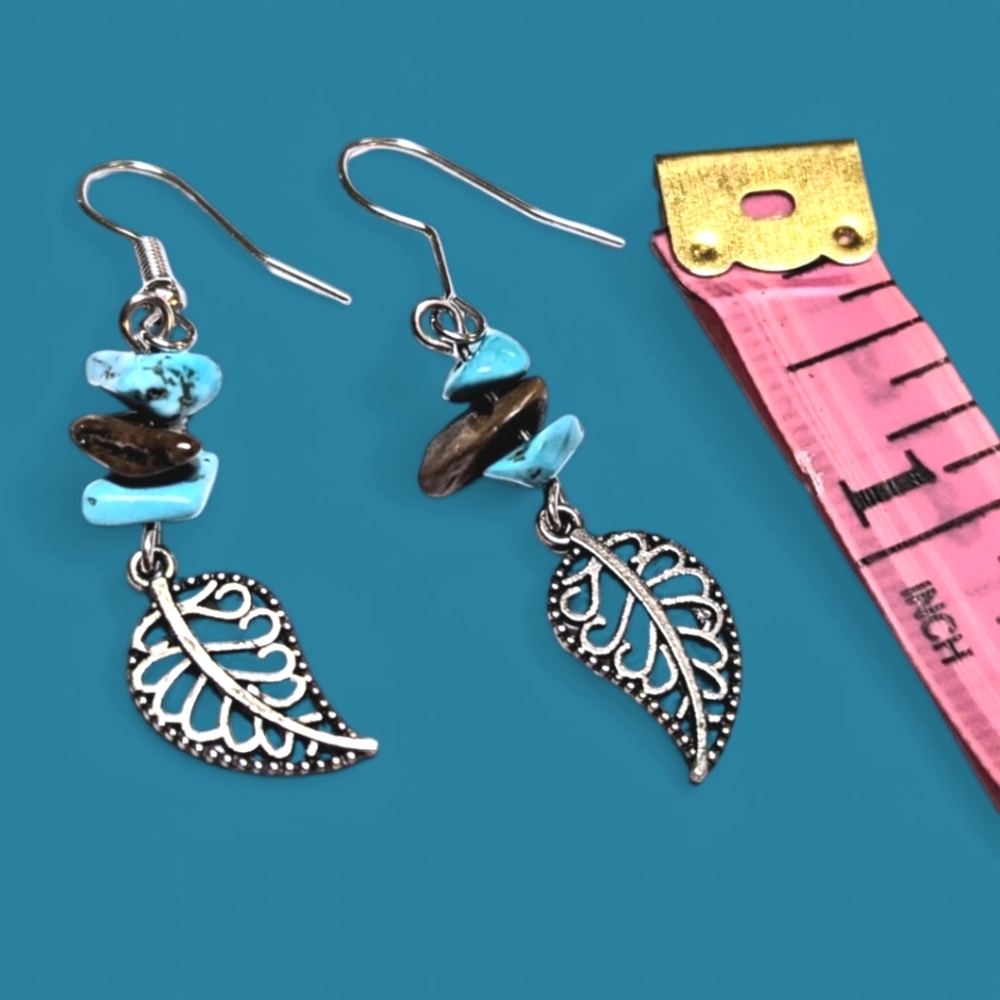 ☮️ Handmade Boho Earrings Silver Leaf with Brown & Turquoise Accents - Picture 2 of 2